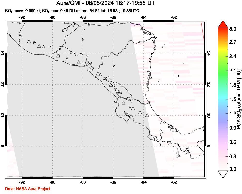 A sulfur dioxide image over Central America on Aug 05, 2024.