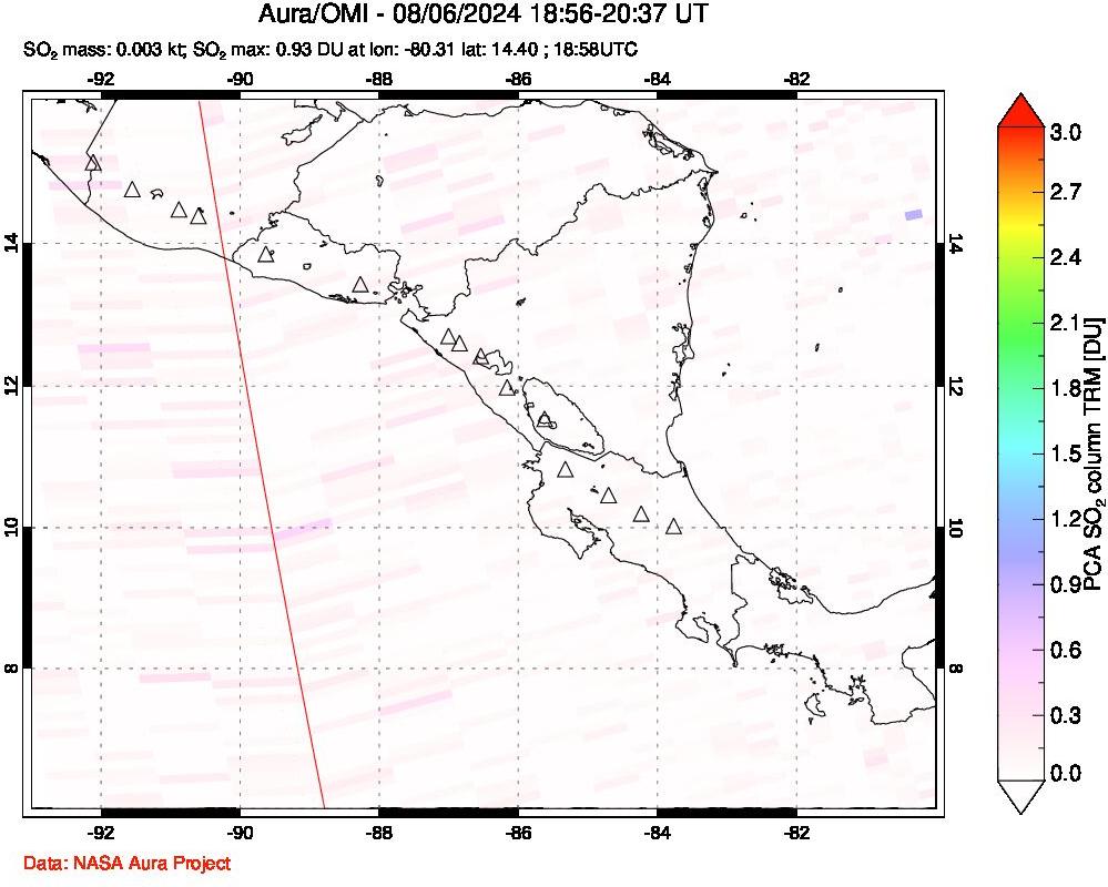 A sulfur dioxide image over Central America on Aug 06, 2024.