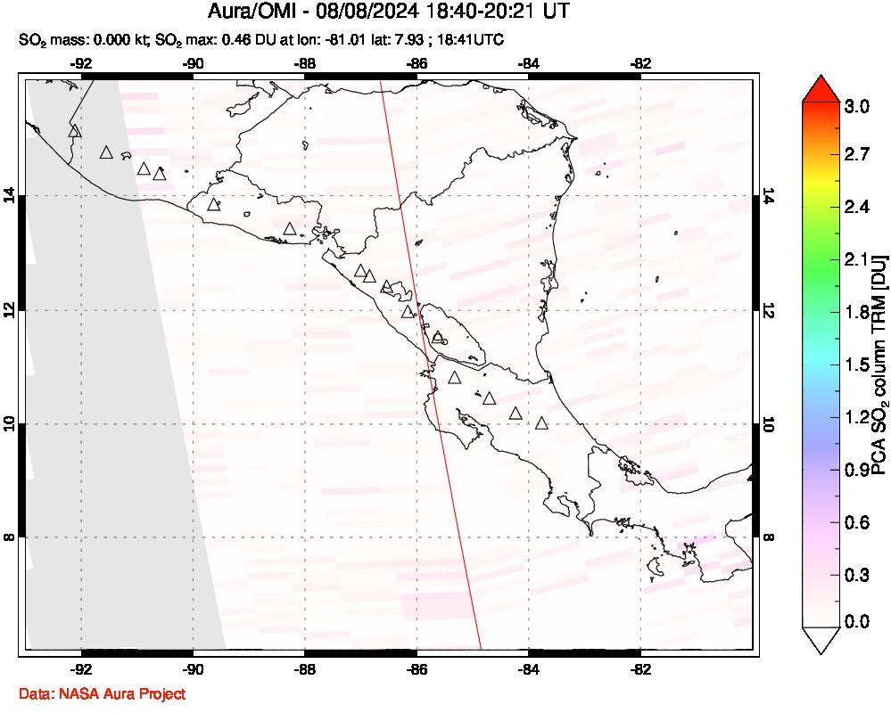 A sulfur dioxide image over Central America on Aug 08, 2024.