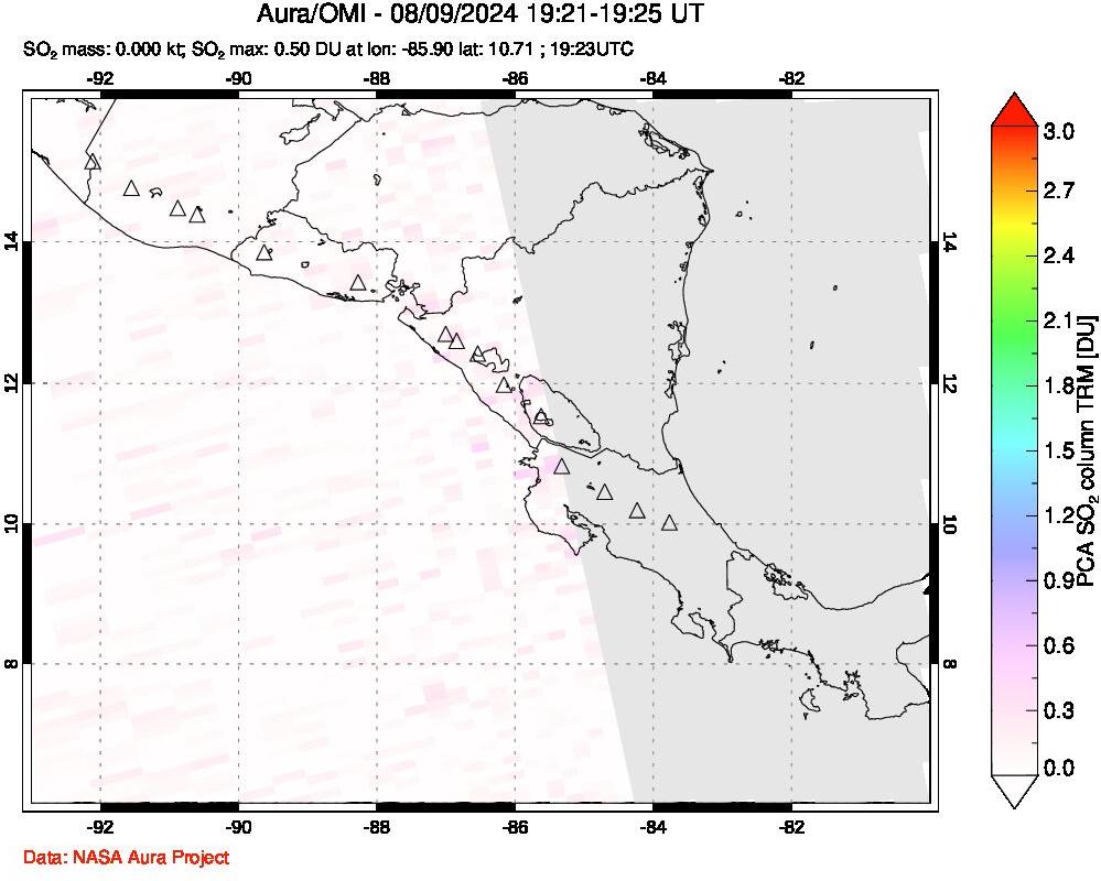 A sulfur dioxide image over Central America on Aug 09, 2024.