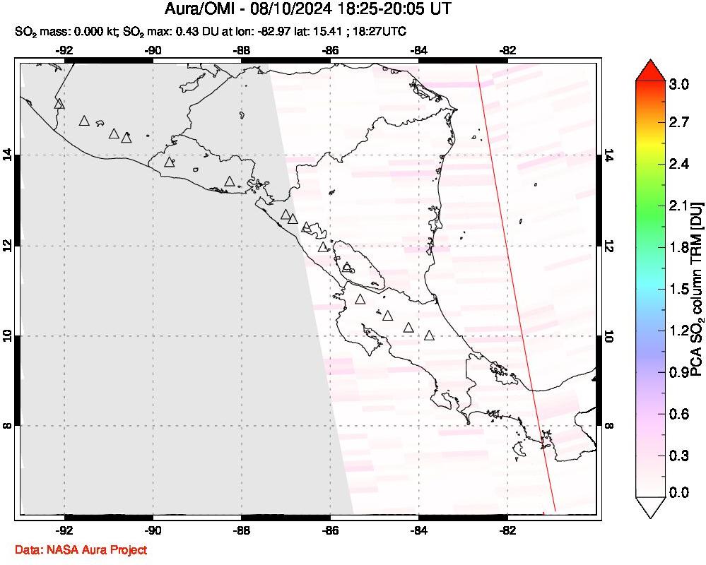 A sulfur dioxide image over Central America on Aug 10, 2024.