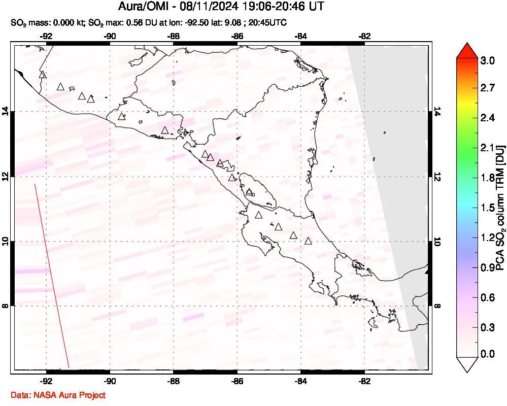 A sulfur dioxide image over Central America on Aug 11, 2024.