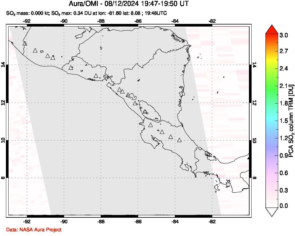 A sulfur dioxide image over Central America on Aug 12, 2024.