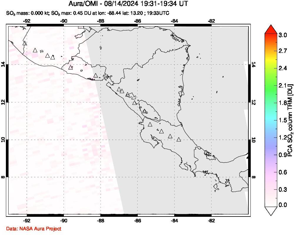 A sulfur dioxide image over Central America on Aug 14, 2024.