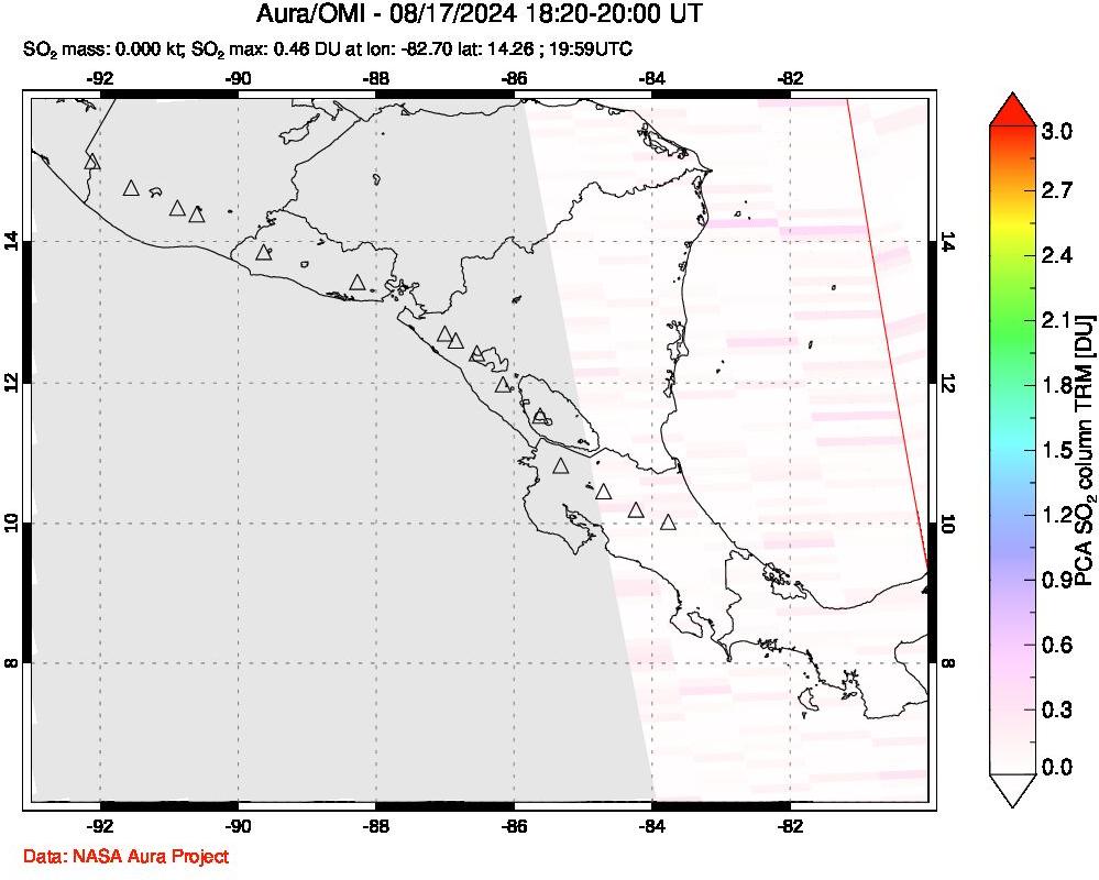 A sulfur dioxide image over Central America on Aug 17, 2024.