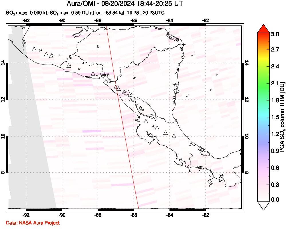 A sulfur dioxide image over Central America on Aug 20, 2024.