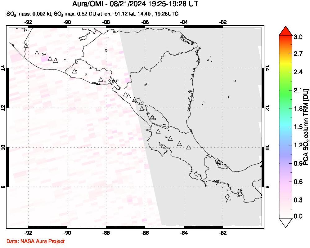 A sulfur dioxide image over Central America on Aug 21, 2024.