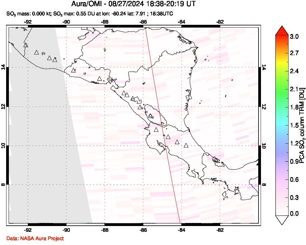 A sulfur dioxide image over Central America on Aug 27, 2024.