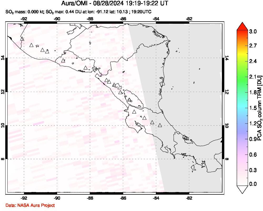 A sulfur dioxide image over Central America on Aug 28, 2024.