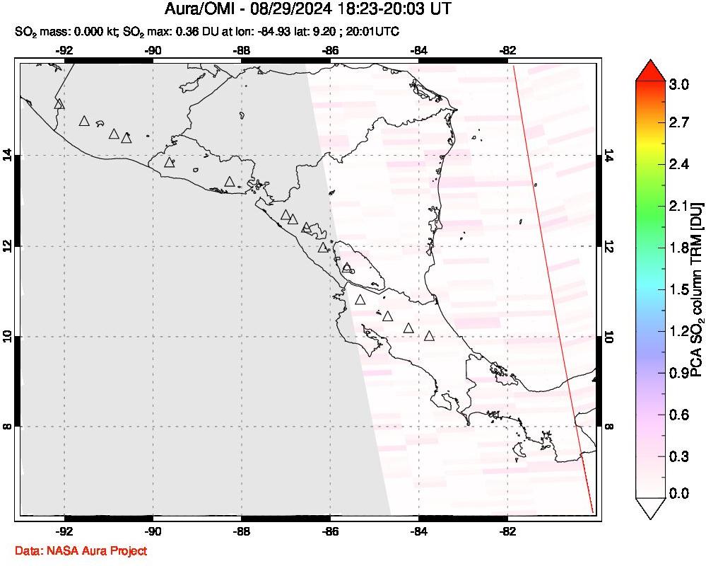 A sulfur dioxide image over Central America on Aug 29, 2024.