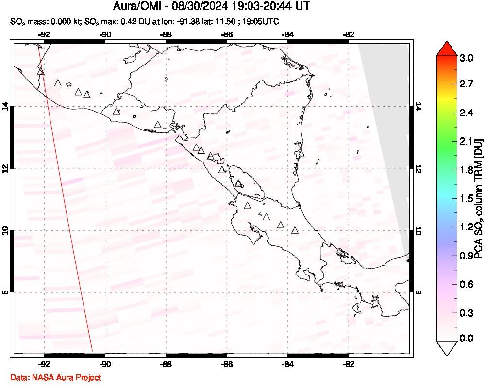 A sulfur dioxide image over Central America on Aug 30, 2024.