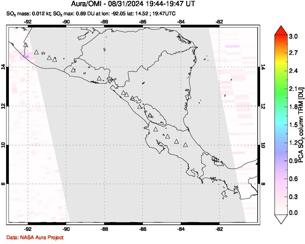 A sulfur dioxide image over Central America on Aug 31, 2024.