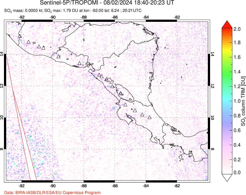 A sulfur dioxide image over Central America on Aug 02, 2024.