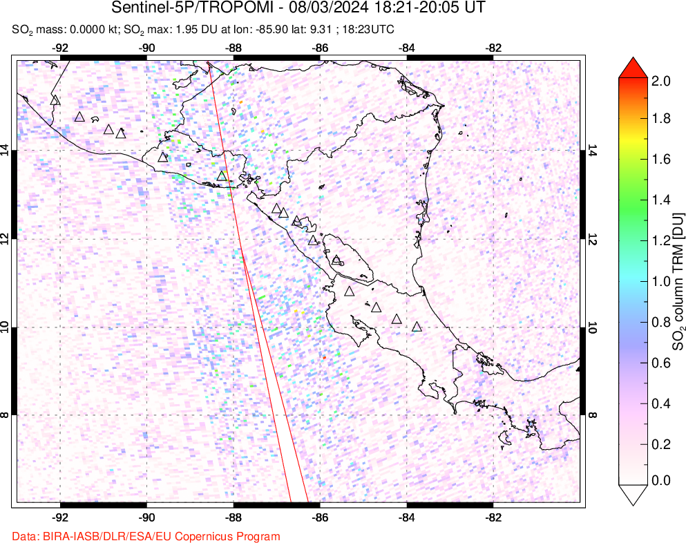 A sulfur dioxide image over Central America on Aug 03, 2024.