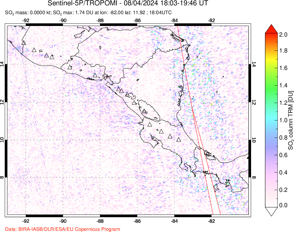 A sulfur dioxide image over Central America on Aug 04, 2024.