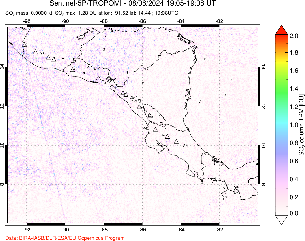 A sulfur dioxide image over Central America on Aug 06, 2024.