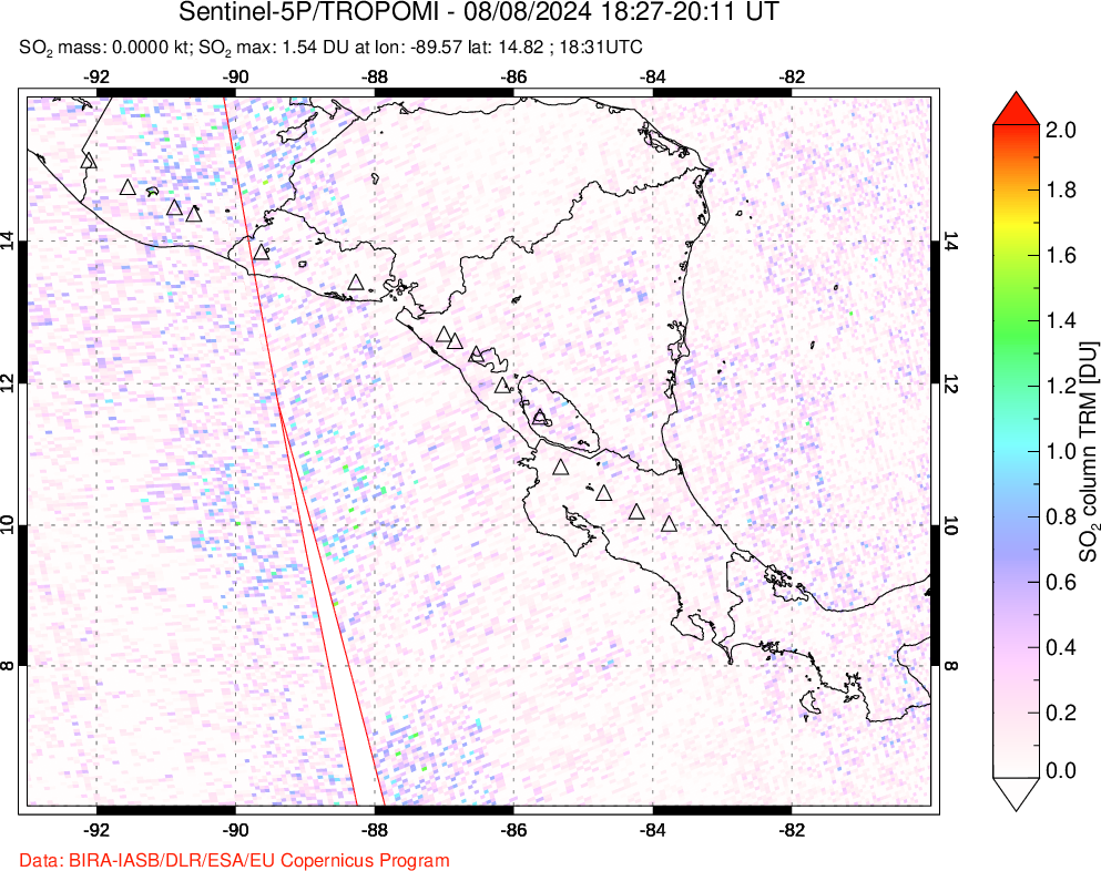 A sulfur dioxide image over Central America on Aug 08, 2024.