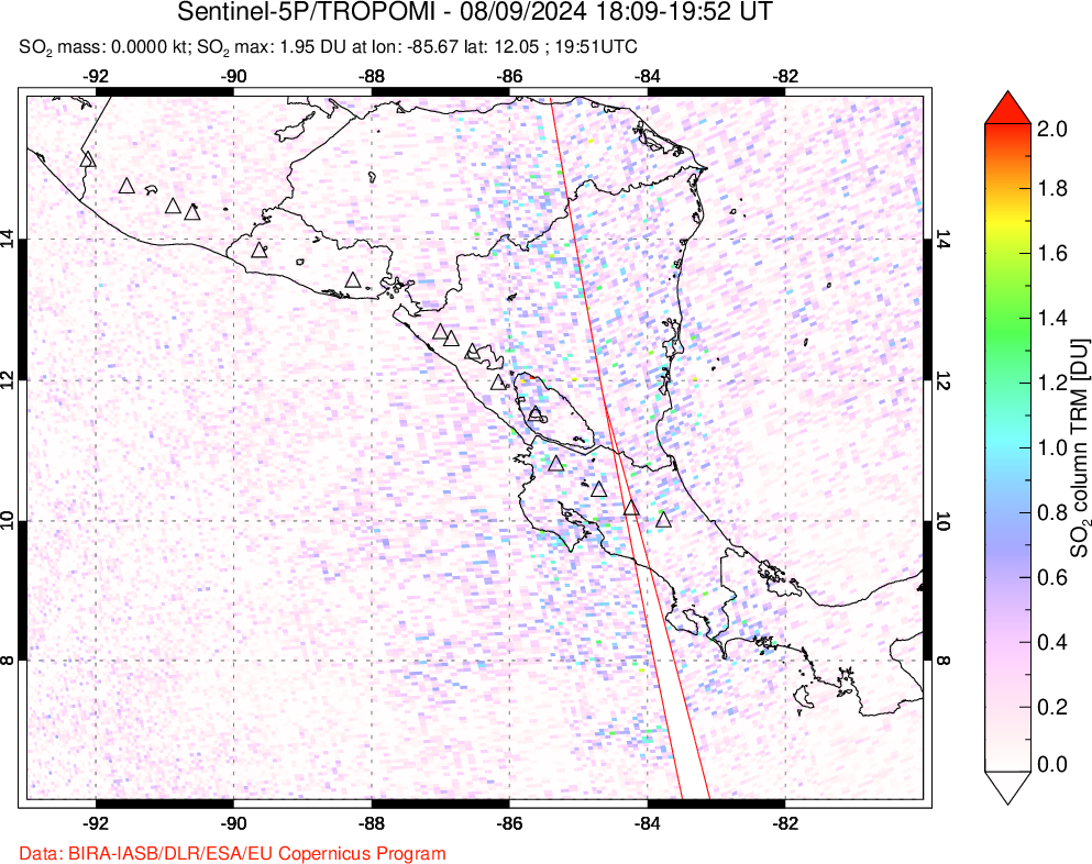 A sulfur dioxide image over Central America on Aug 09, 2024.