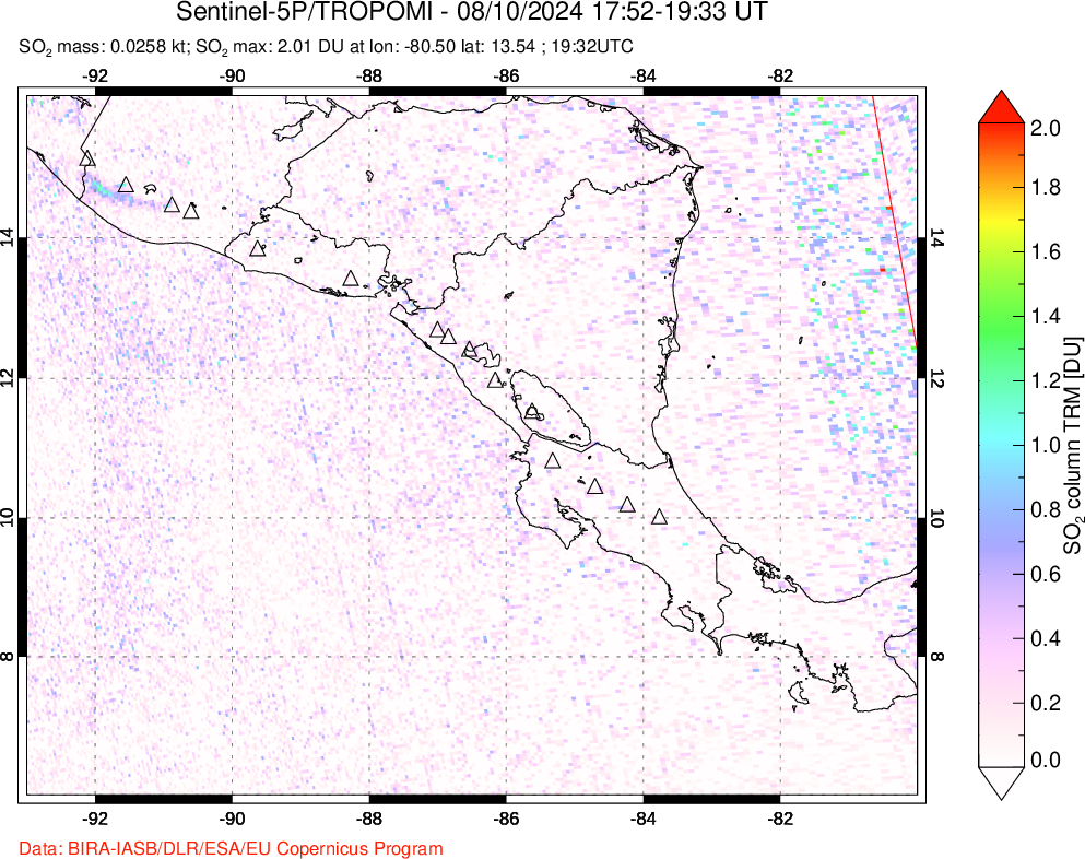 A sulfur dioxide image over Central America on Aug 10, 2024.