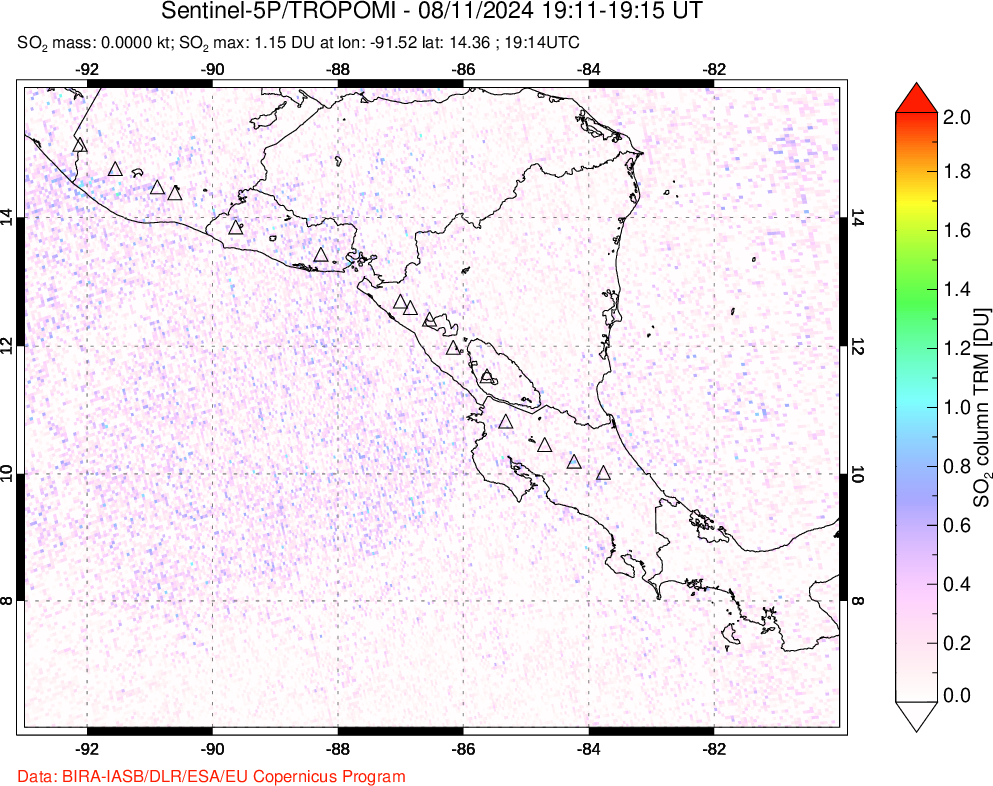 A sulfur dioxide image over Central America on Aug 11, 2024.