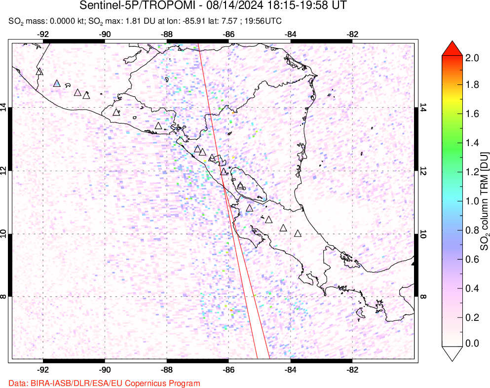 A sulfur dioxide image over Central America on Aug 14, 2024.