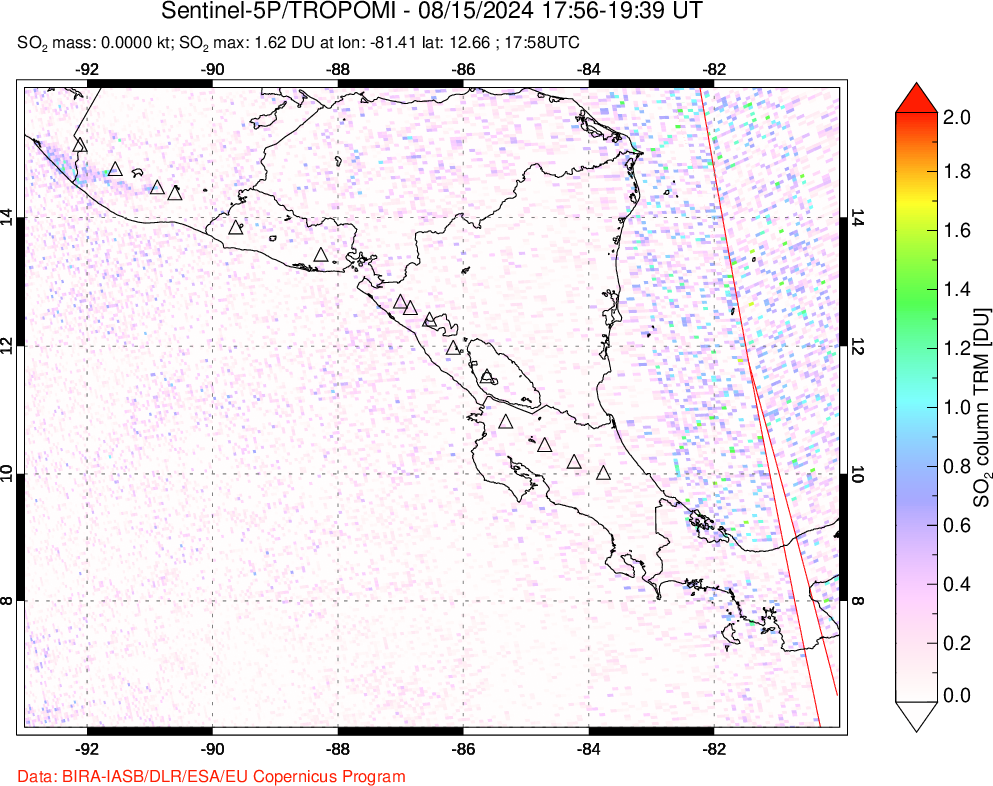 A sulfur dioxide image over Central America on Aug 15, 2024.