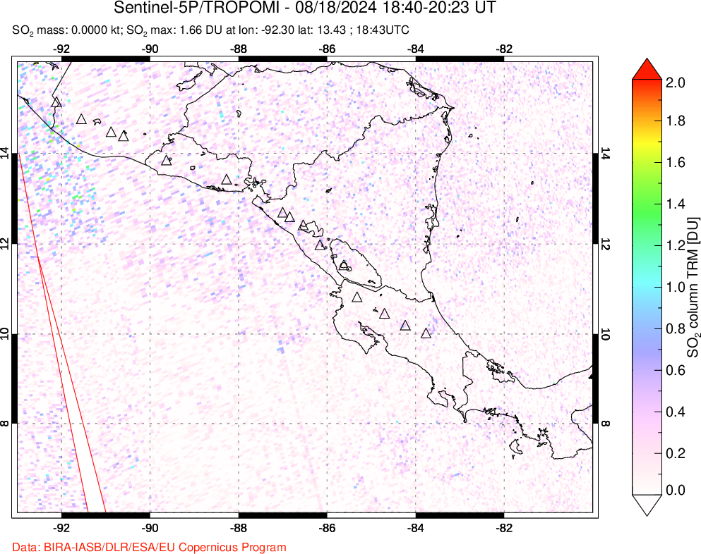 A sulfur dioxide image over Central America on Aug 18, 2024.