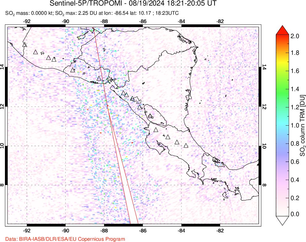 A sulfur dioxide image over Central America on Aug 19, 2024.