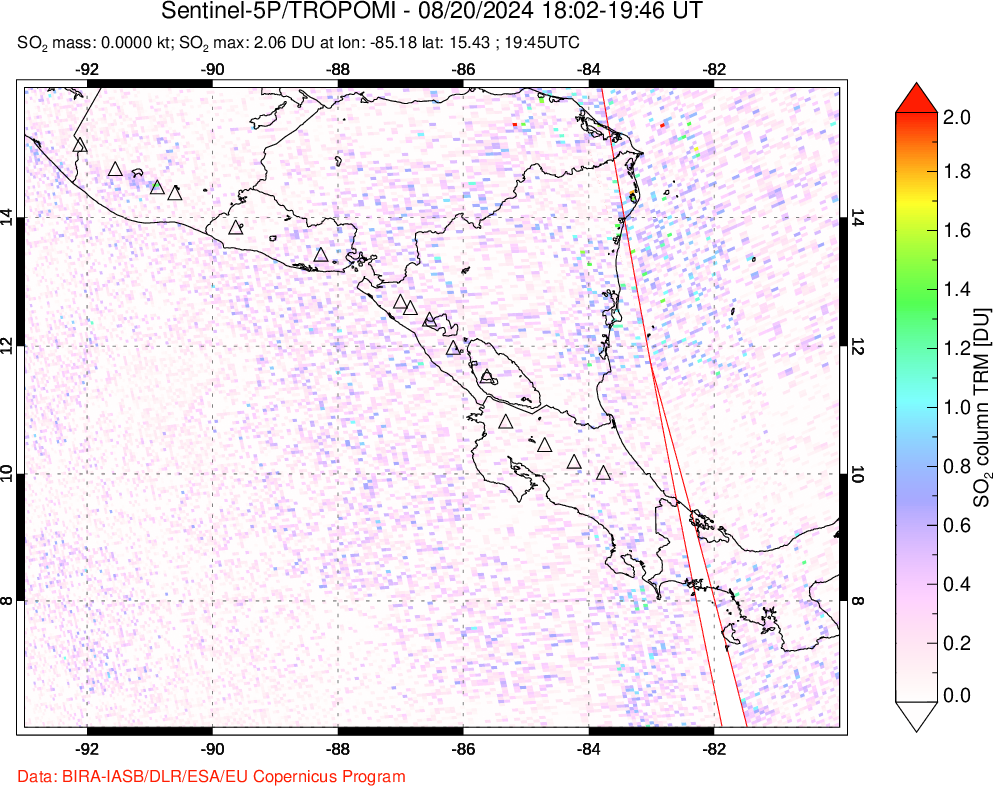 A sulfur dioxide image over Central America on Aug 20, 2024.