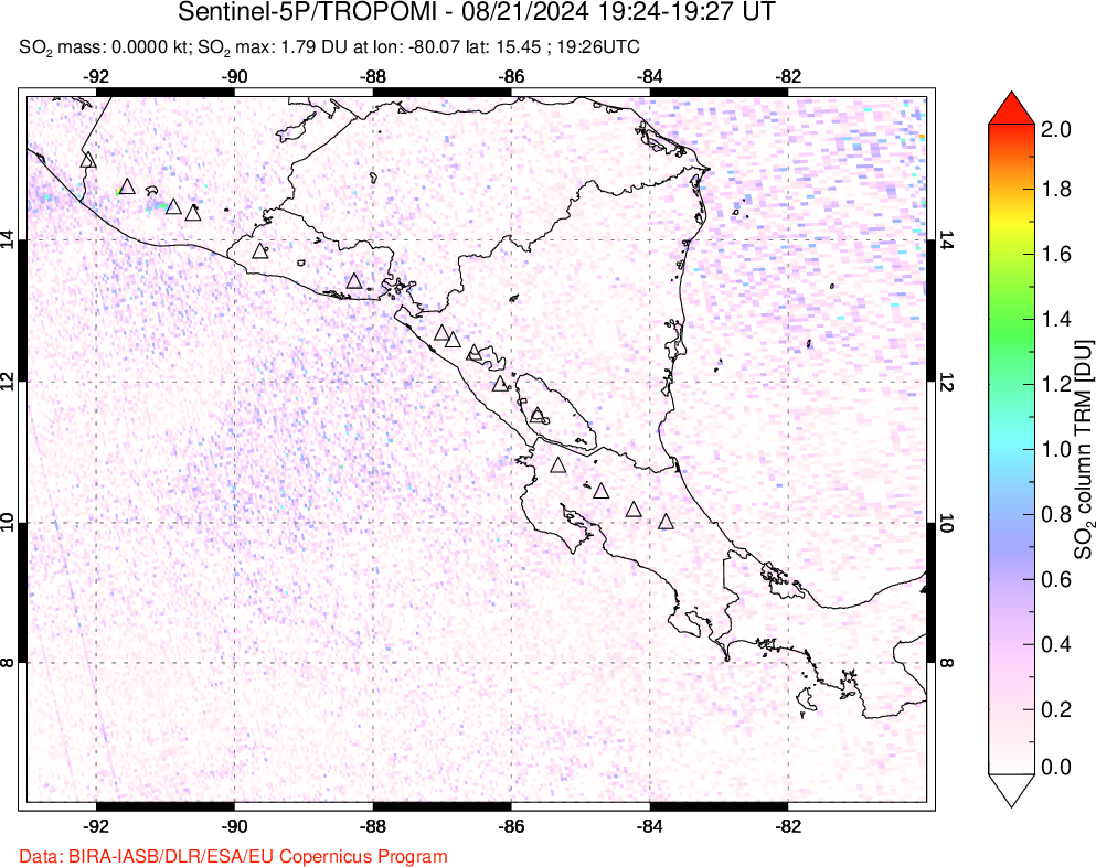 A sulfur dioxide image over Central America on Aug 21, 2024.