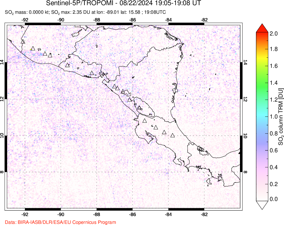 A sulfur dioxide image over Central America on Aug 22, 2024.