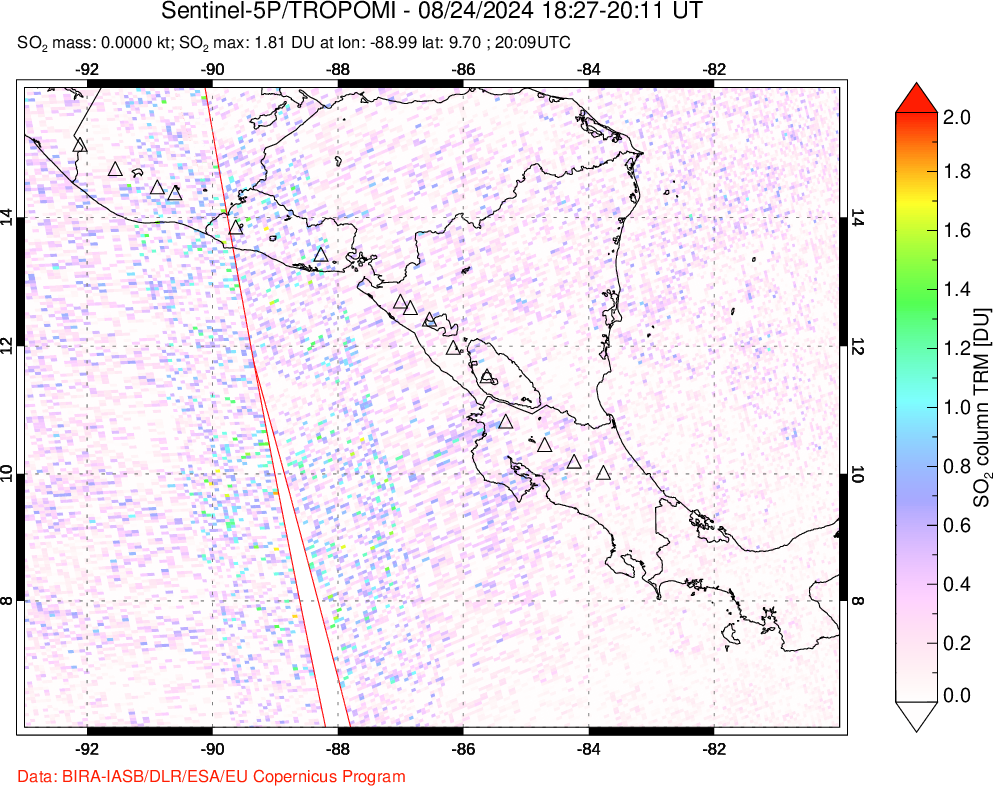 A sulfur dioxide image over Central America on Aug 24, 2024.