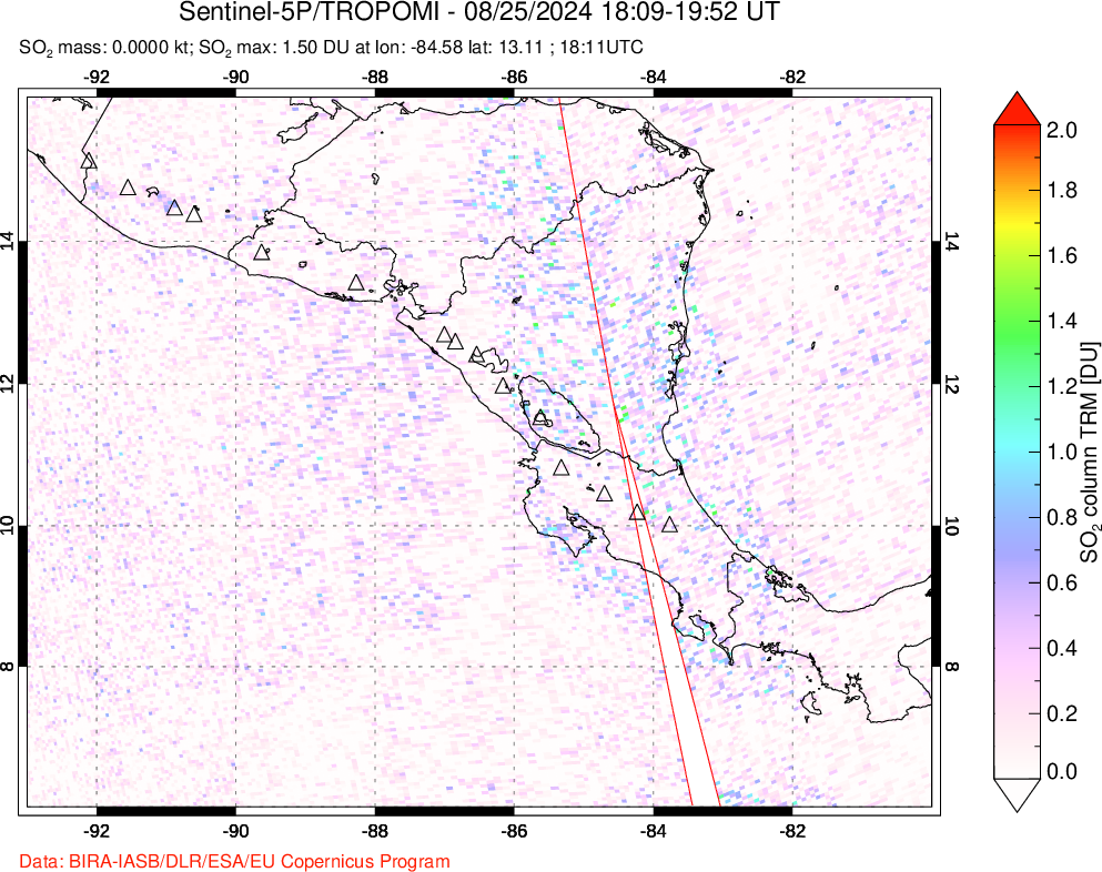 A sulfur dioxide image over Central America on Aug 25, 2024.