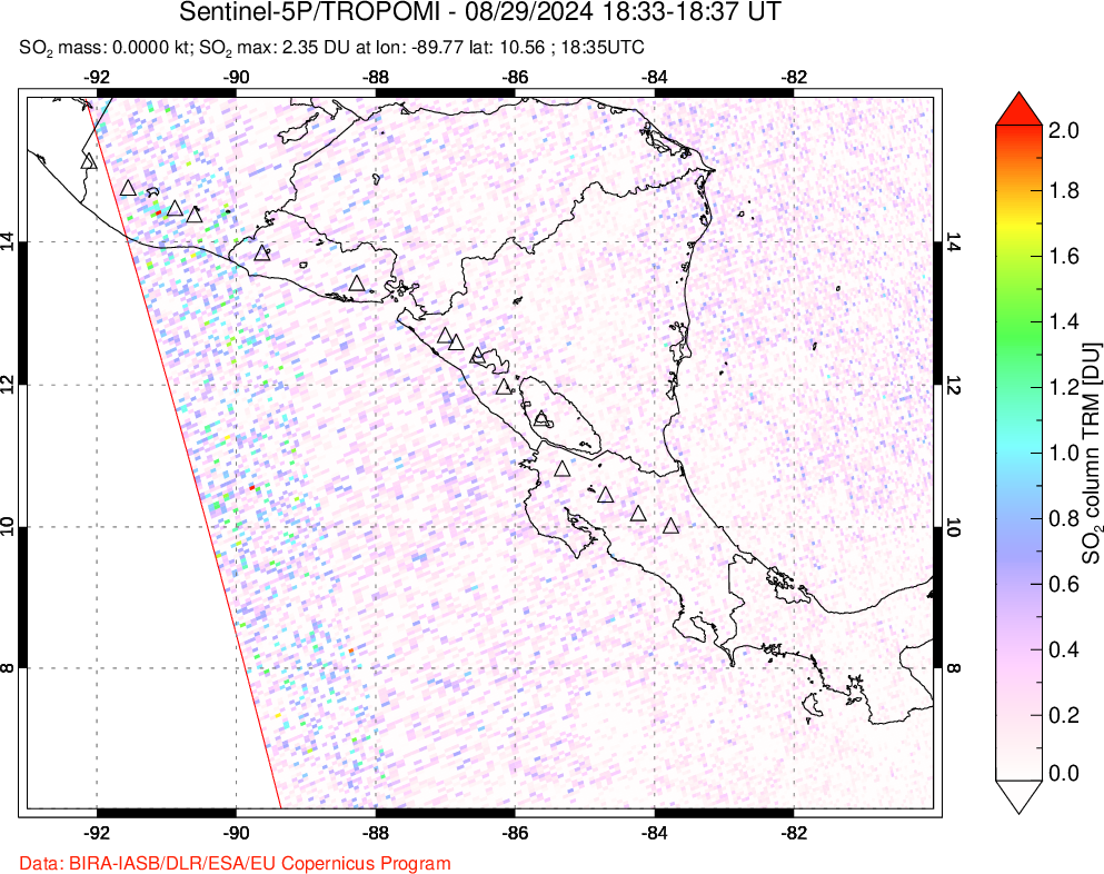 A sulfur dioxide image over Central America on Aug 29, 2024.