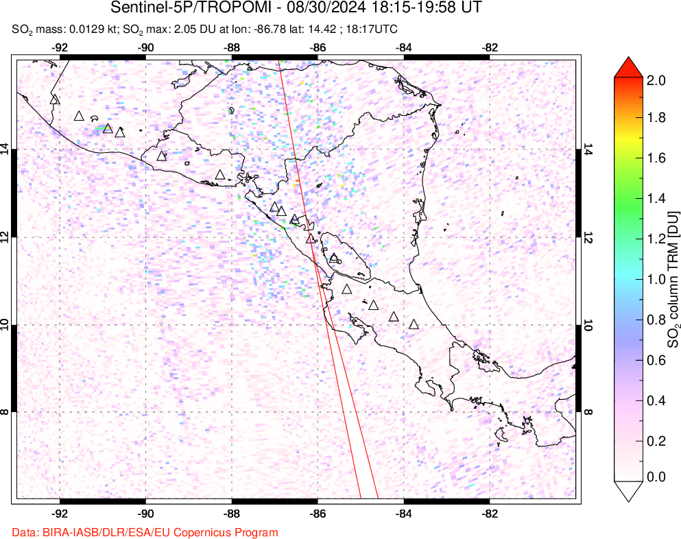 A sulfur dioxide image over Central America on Aug 30, 2024.