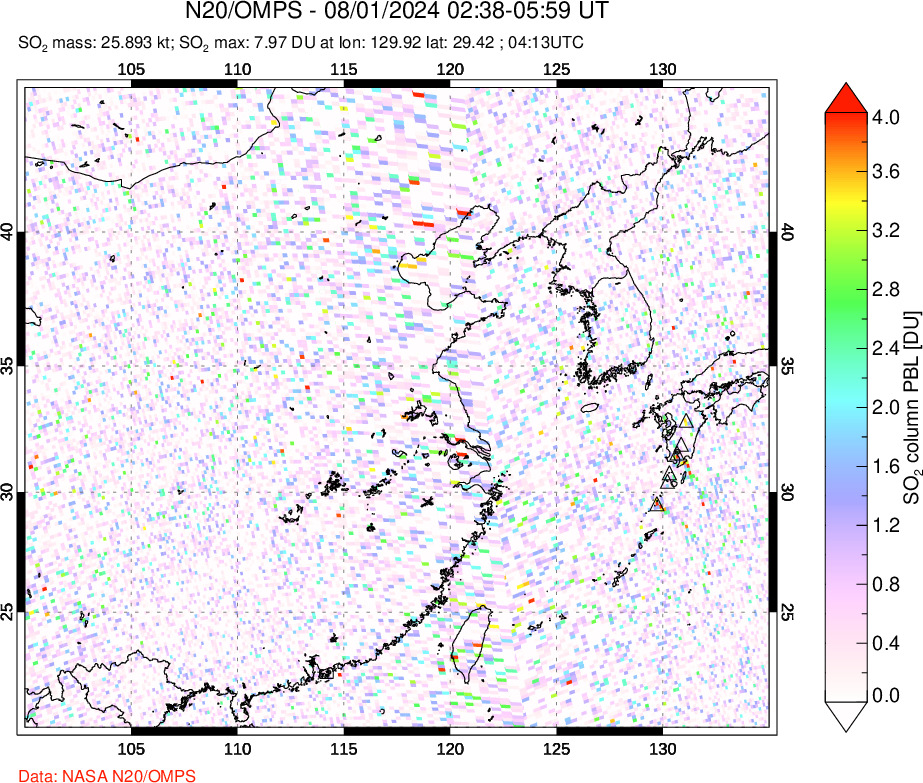 A sulfur dioxide image over Eastern China on Aug 01, 2024.