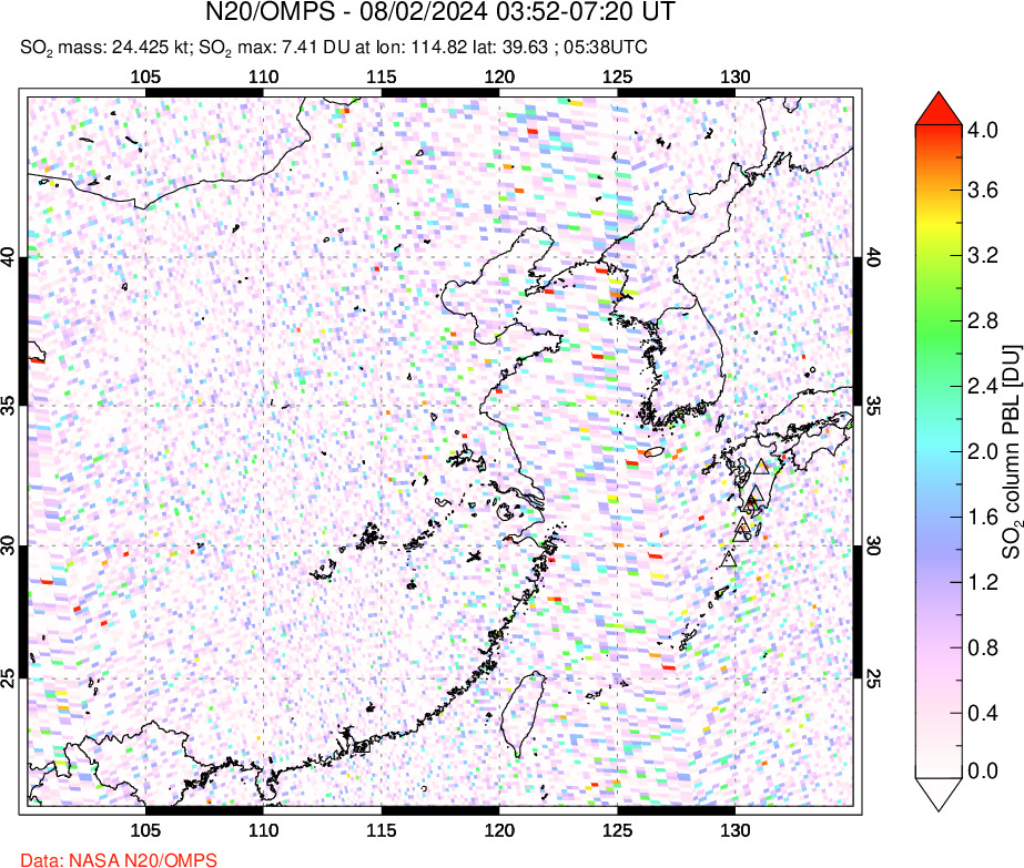 A sulfur dioxide image over Eastern China on Aug 02, 2024.