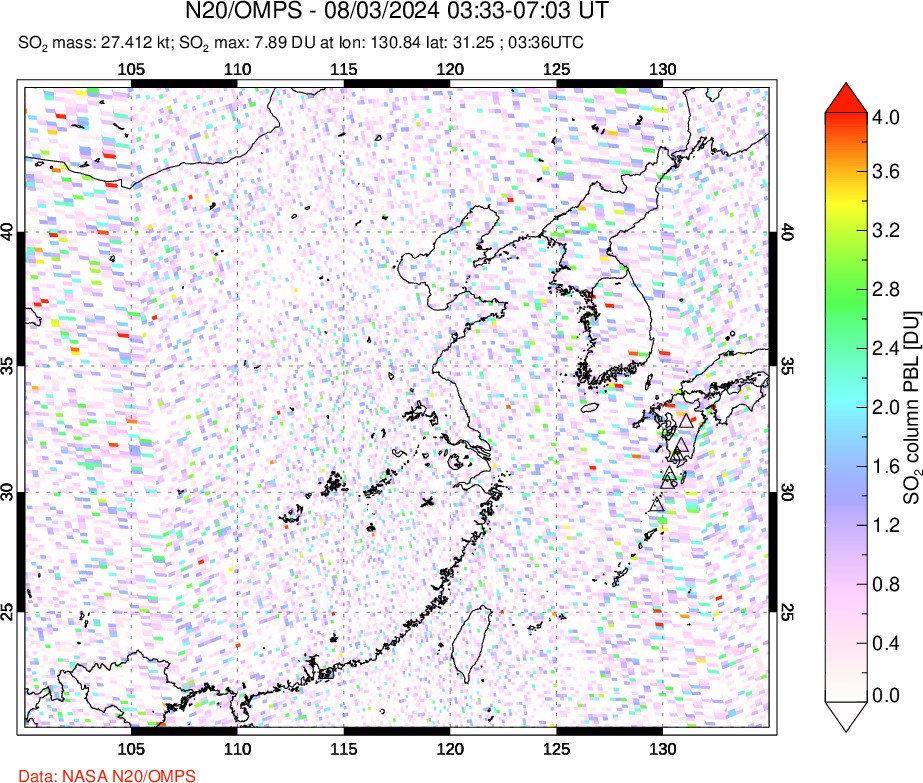 A sulfur dioxide image over Eastern China on Aug 03, 2024.