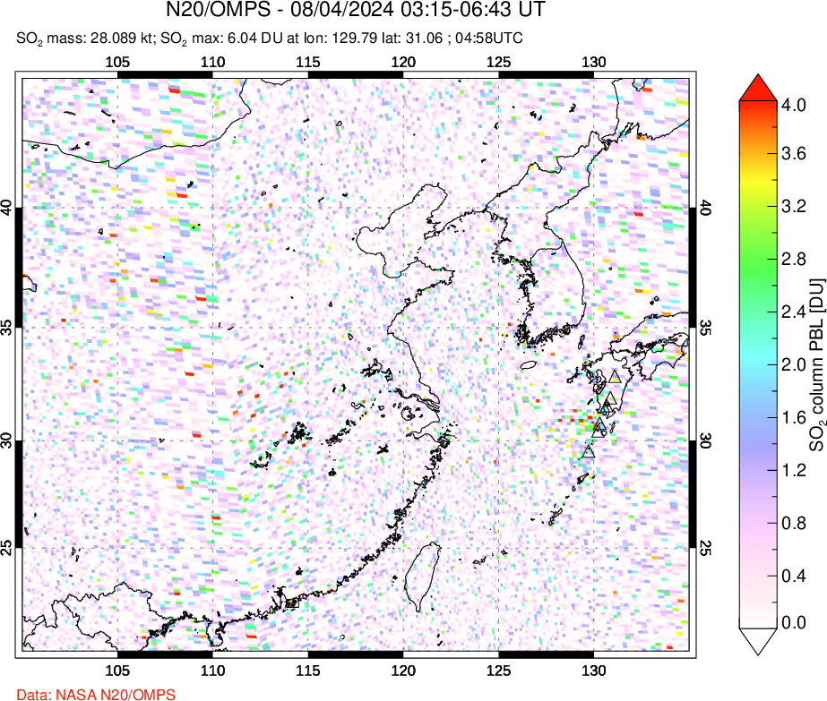 A sulfur dioxide image over Eastern China on Aug 04, 2024.