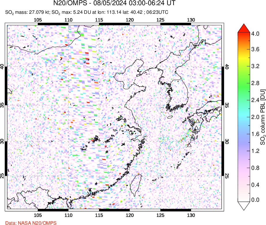 A sulfur dioxide image over Eastern China on Aug 05, 2024.