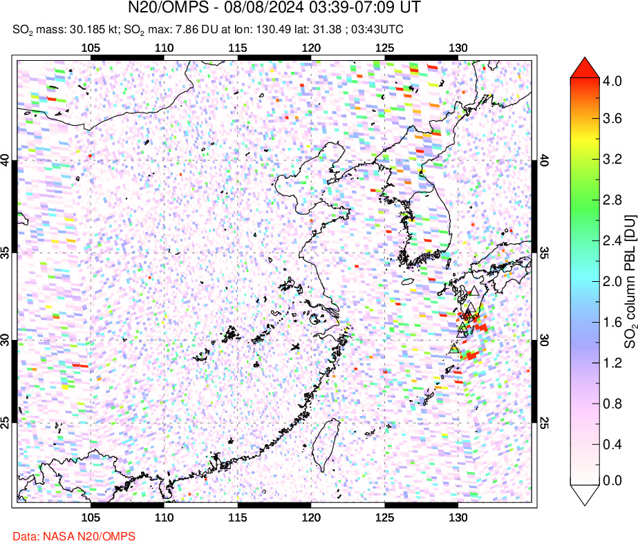 A sulfur dioxide image over Eastern China on Aug 08, 2024.