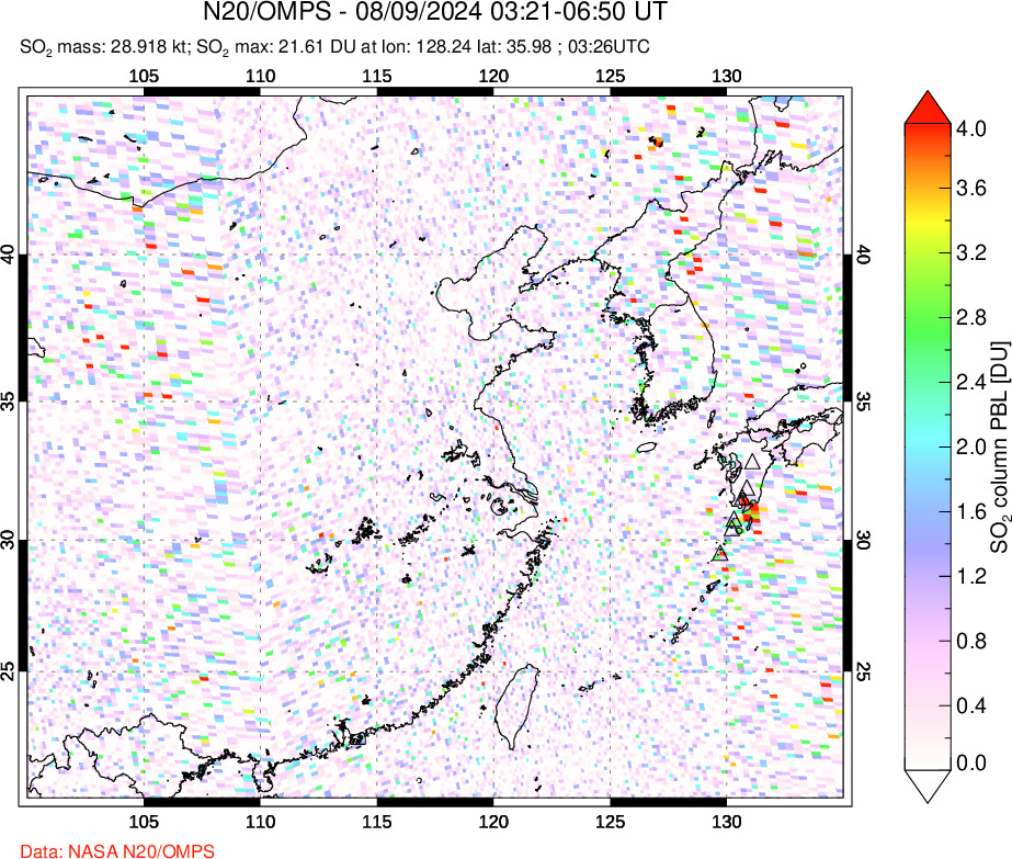 A sulfur dioxide image over Eastern China on Aug 09, 2024.