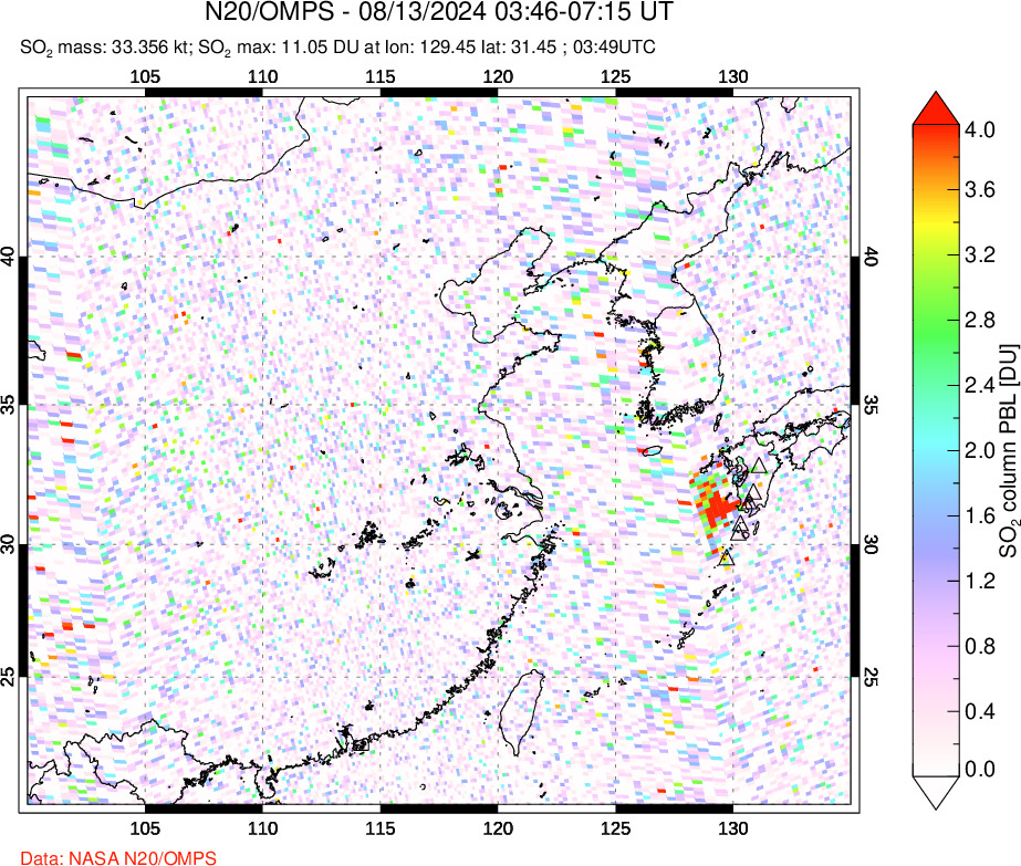 A sulfur dioxide image over Eastern China on Aug 13, 2024.