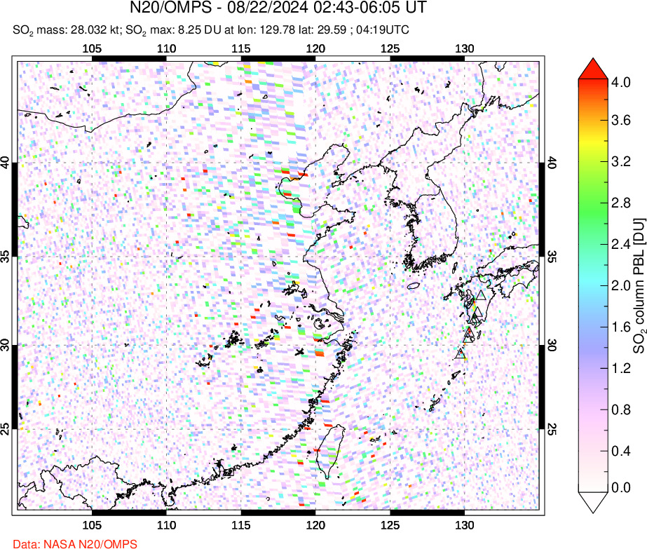 A sulfur dioxide image over Eastern China on Aug 22, 2024.