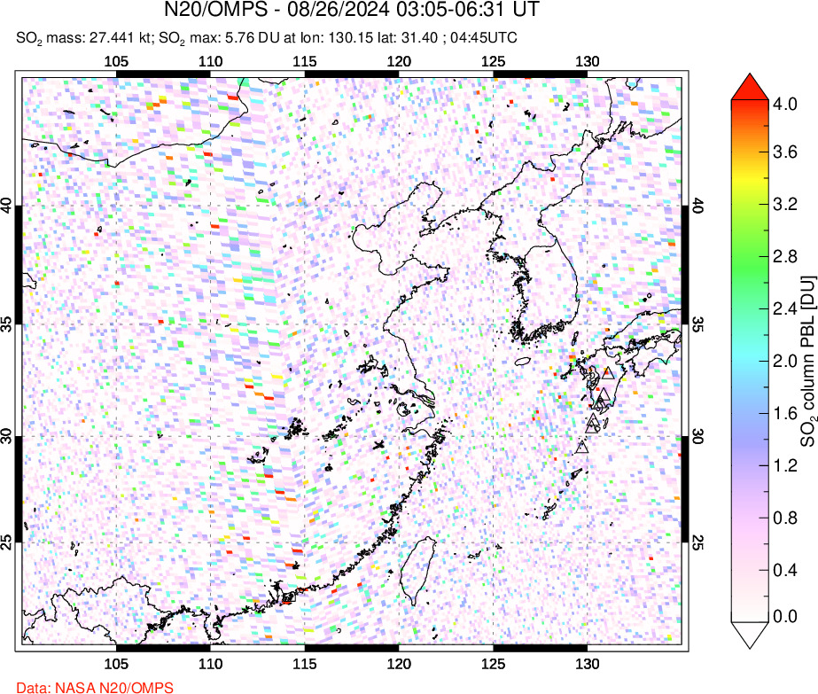 A sulfur dioxide image over Eastern China on Aug 26, 2024.