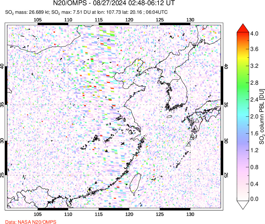 A sulfur dioxide image over Eastern China on Aug 27, 2024.