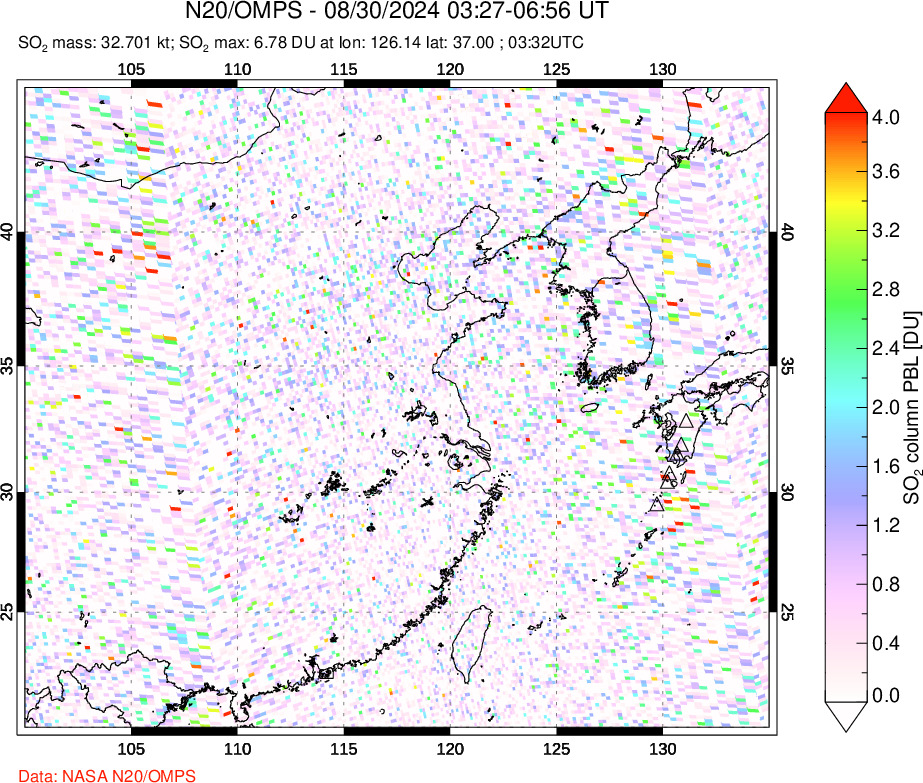 A sulfur dioxide image over Eastern China on Aug 30, 2024.