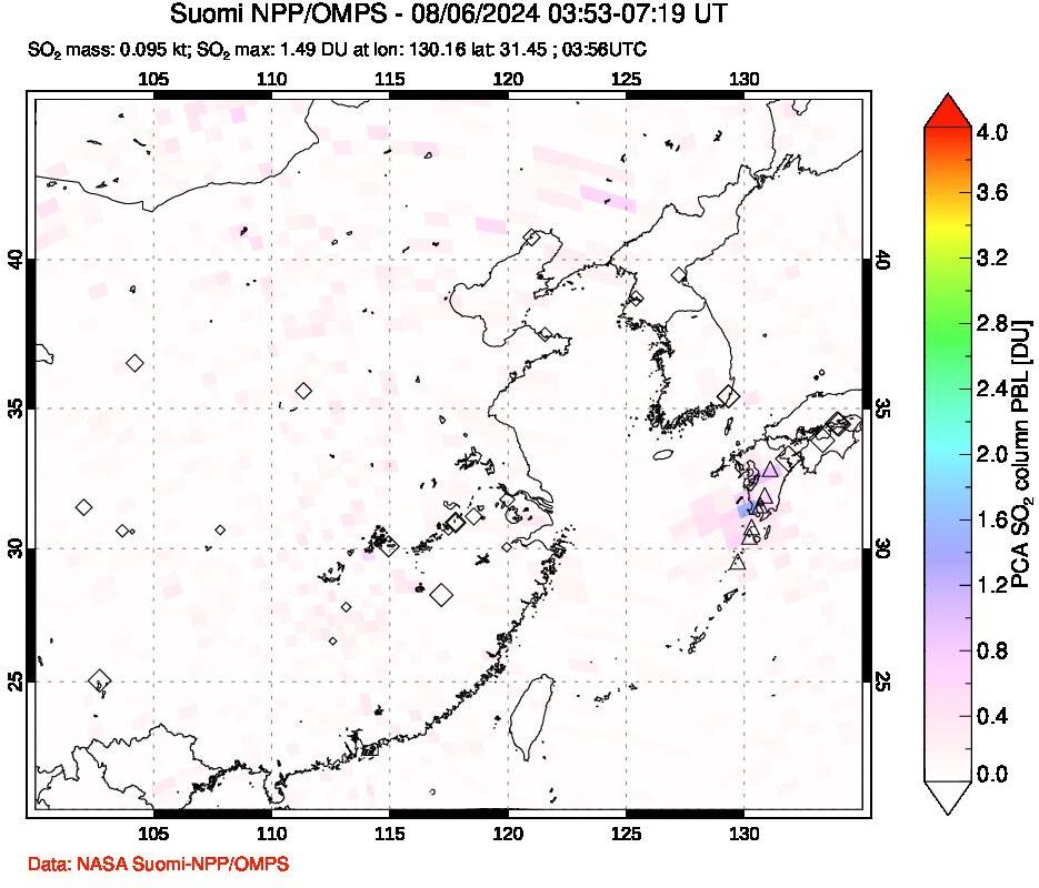 A sulfur dioxide image over Eastern China on Aug 06, 2024.