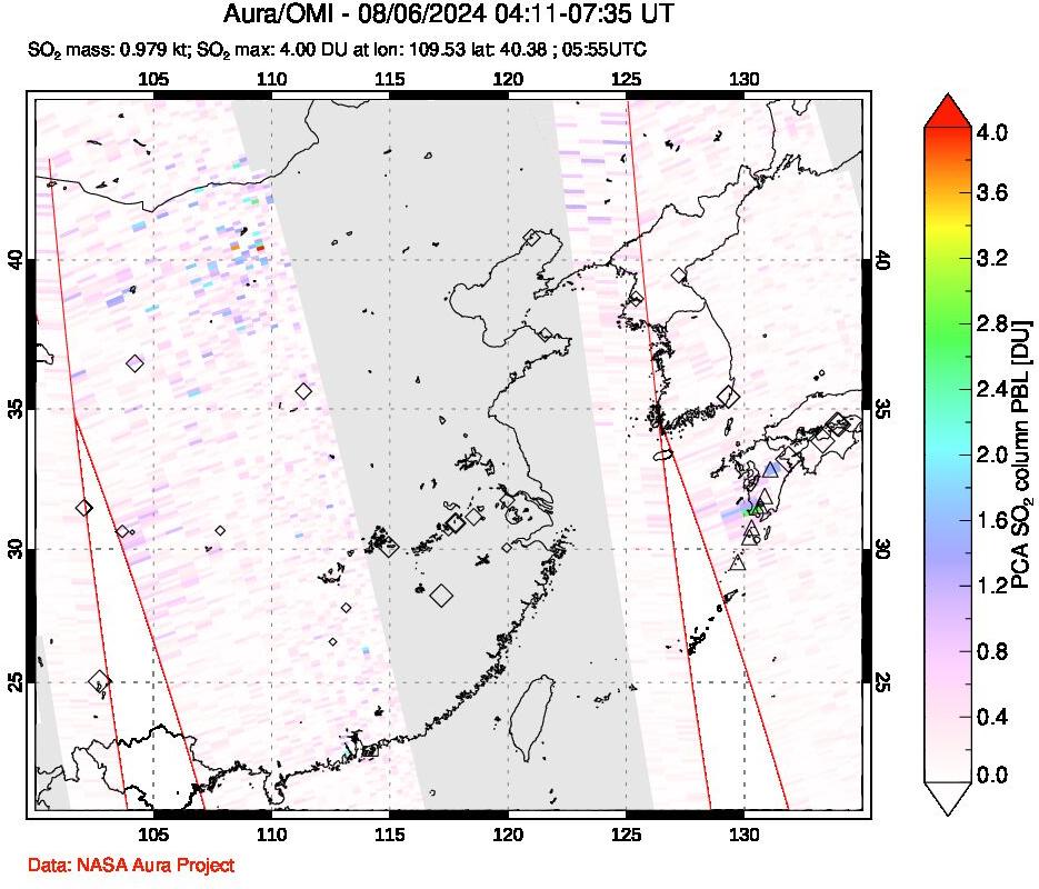 A sulfur dioxide image over Eastern China on Aug 06, 2024.