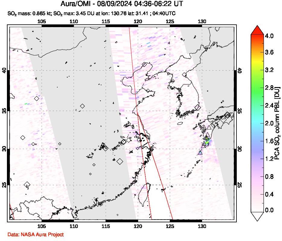 A sulfur dioxide image over Eastern China on Aug 09, 2024.